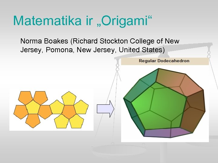 Matematika ir „Origami“ Norma Boakes (Richard Stockton College of New Jersey, Pomona, New Jersey,