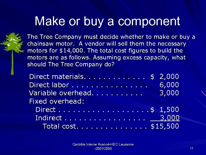 Make or buy a component The Tree Company must decide whether to make or