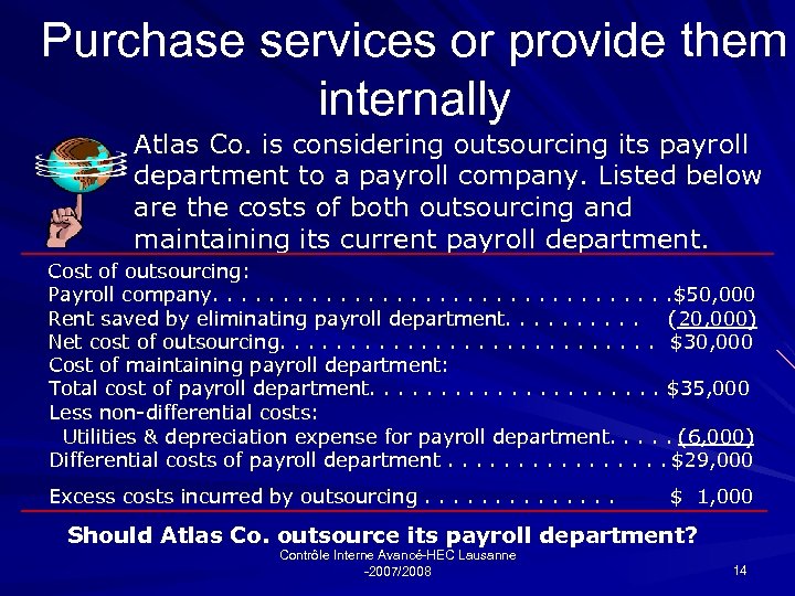 Purchase services or provide them internally Atlas Co. is considering outsourcing its payroll department