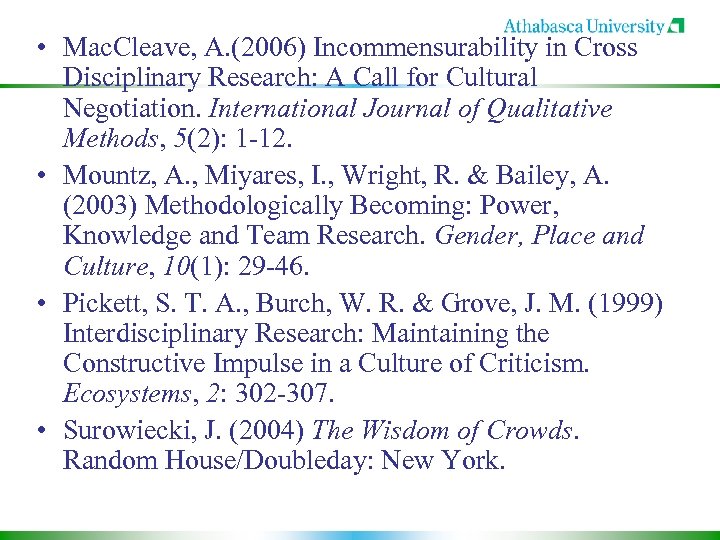  • Mac. Cleave, A. (2006) Incommensurability in Cross Disciplinary Research: A Call for