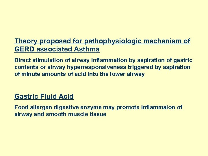 Theory proposed for pathophysiologic mechanism of GERD associated Asthma Direct stimulation of airway inflammation