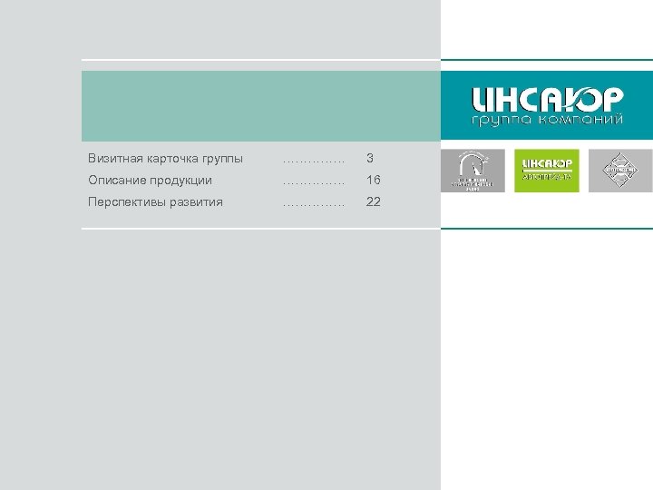 Визитная карточка группы …………… 3 Описание продукции …………… 16 Перспективы развития …………… 22 