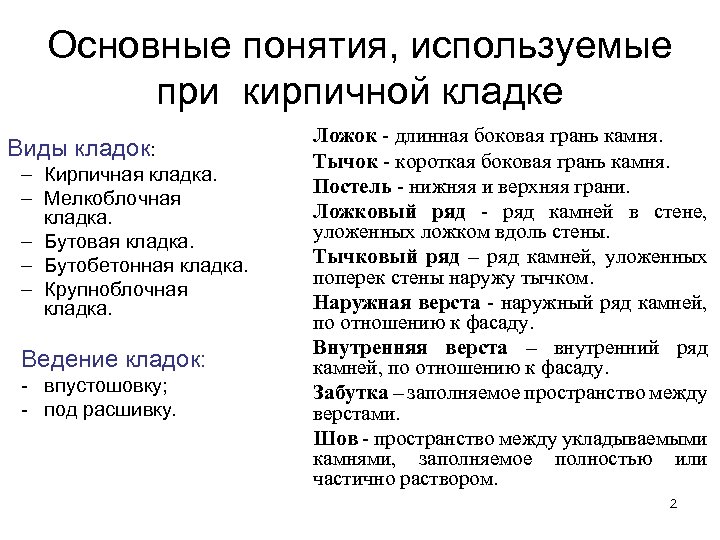 Основные понятия, используемые при кирпичной кладке Виды кладок: – Кирпичная кладка. – Мелкоблочная кладка.