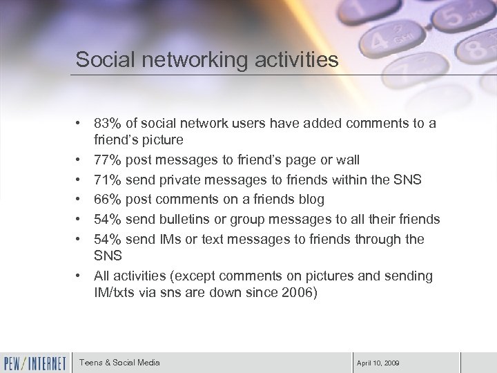 Social networking activities • 83% of social network users have added comments to a