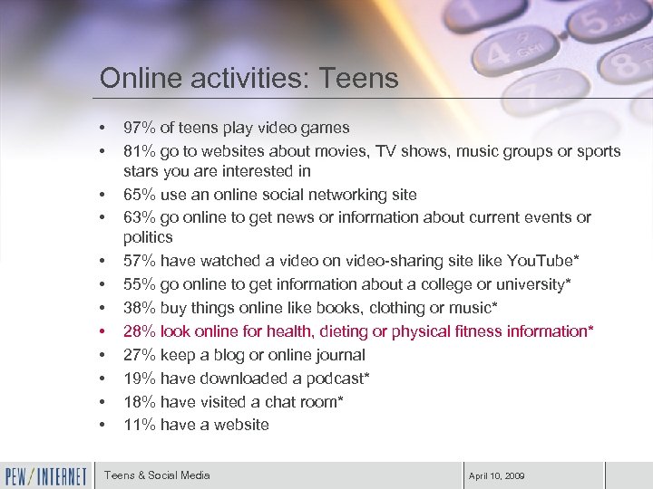 Online activities: Teens • • • 97% of teens play video games 81% go