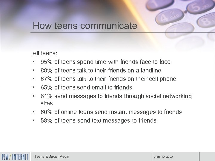 How teens communicate All teens: • 95% of teens spend time with friends face