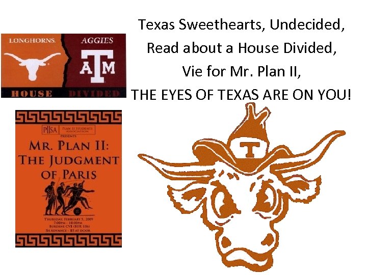 Texas Sweethearts, Undecided, Read about a House Divided, Vie for Mr. Plan II, THE