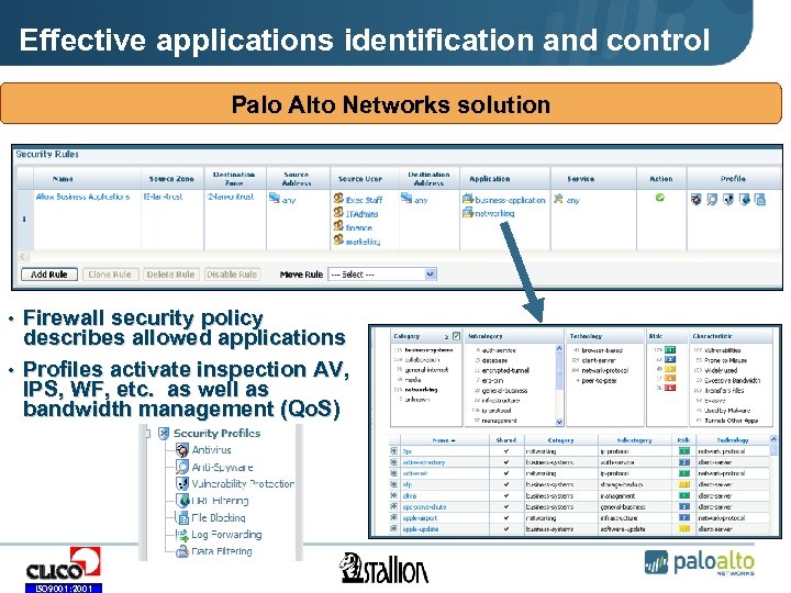 Effective applications identification and control Palo Alto Networks solution • Firewall security policy describes