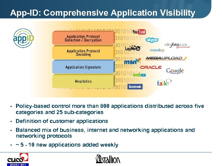 App-ID: Comprehensive Application Visibility • Policy-based control more than 800 applications distributed across five