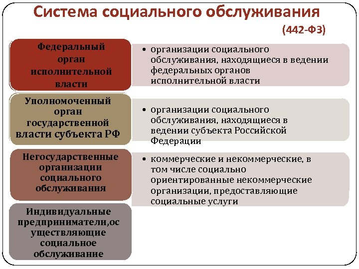 Система социального обслуживания (442 -ФЗ) Федеральный орган исполнительной власти Уполномоченный орган государственной власти субъекта