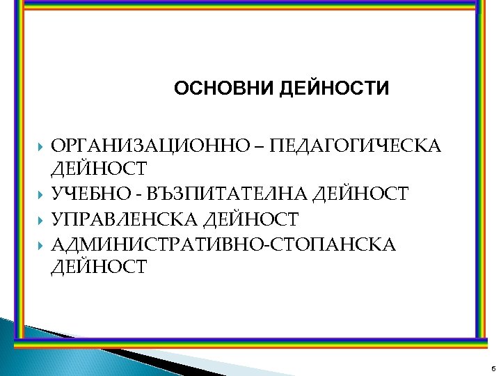 ОСНОВНИ ДЕЙНОСТИ ОРГАНИЗАЦИОННО – ПЕДАГОГИЧЕСКА ДЕЙНОСТ УЧЕБНО - ВЪЗПИТАТЕЛНА ДЕЙНОСТ УПРАВЛЕНСКА ДЕЙНОСТ АДМИНИСТРАТИВНО-СТОПАНСКА ДЕЙНОСТ