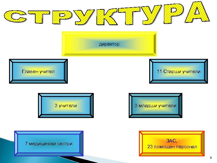 директор Главен учител 11 Старши учители 3 учители 7 медицински сестри 3 младши учители