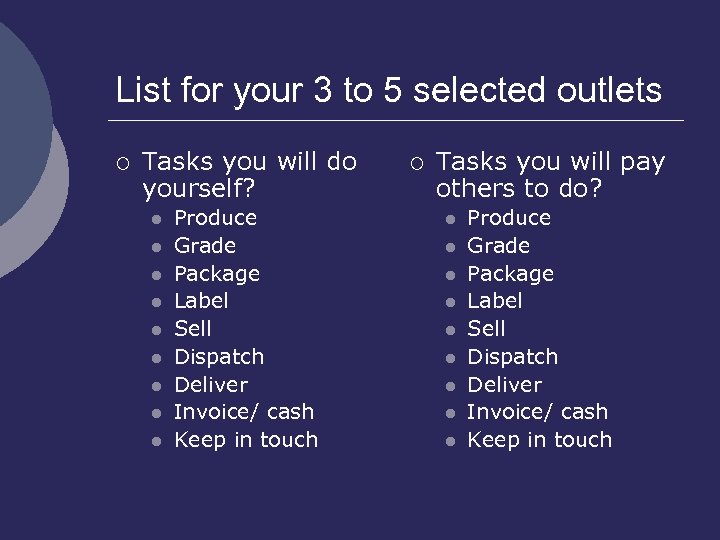 List for your 3 to 5 selected outlets ¡ Tasks you will do yourself?