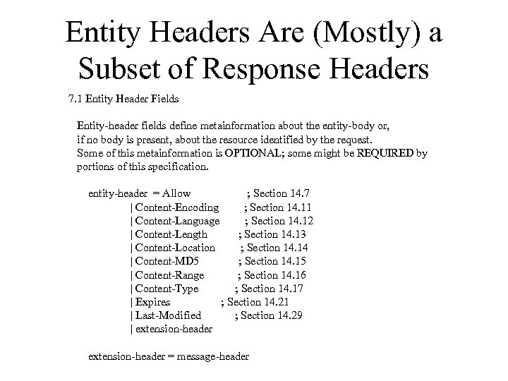Entity Headers Are (Mostly) a Subset of Response Headers 7. 1 Entity Header Fields