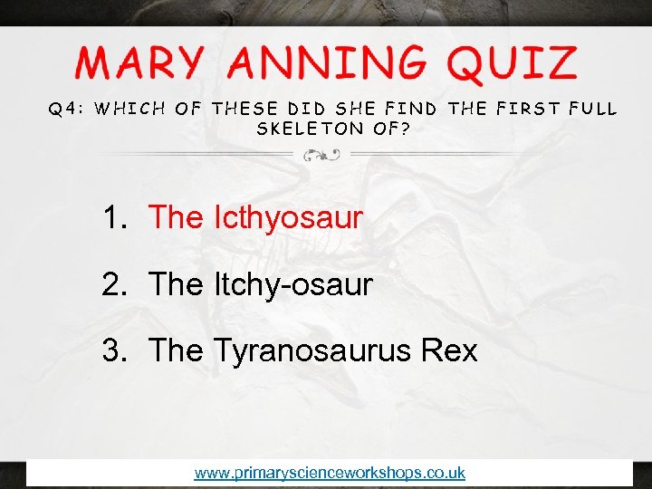 Q 4: WHICH OF THESE DID SHE FIND THE FIRST FULL SKELETON OF? 1.