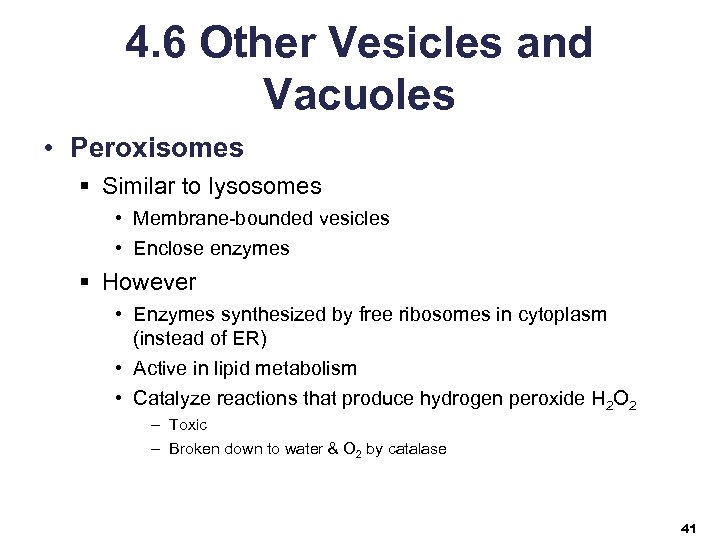 4. 6 Other Vesicles and Vacuoles • Peroxisomes § Similar to lysosomes • Membrane-bounded