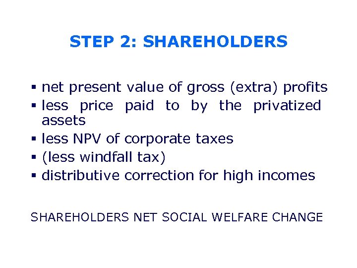 STEP 2: SHAREHOLDERS § net present value of gross (extra) profits § less price