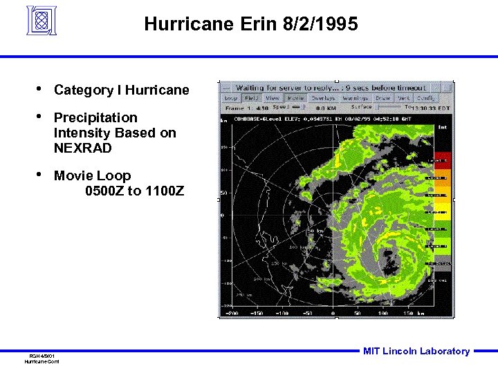 Hurricane Erin 8/2/1995 • Category I Hurricane • Precipitation Intensity Based on NEXRAD •
