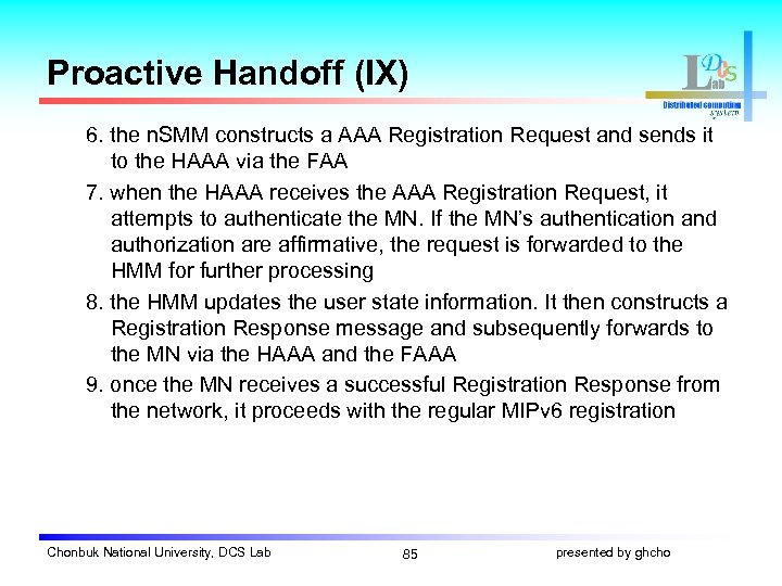 Proactive Handoff (IX) 6. the n. SMM constructs a AAA Registration Request and sends