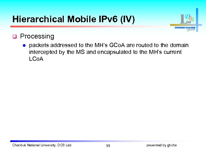 Hierarchical Mobile IPv 6 (IV) q Processing l packets addressed to the MH’s GCo.