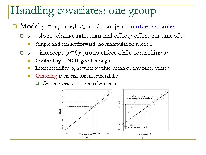 Handling covariates: one group q Model yi = α 0+α 1 xi+ i, for