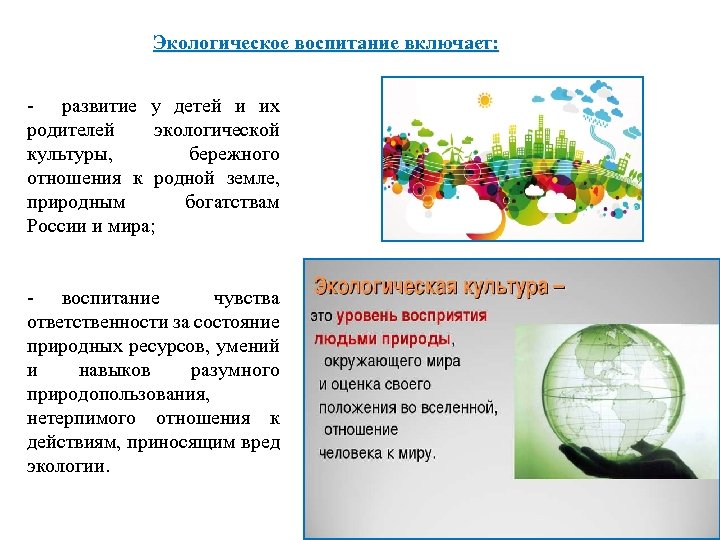 Экологическое воспитание включает: - развитие у детей и их родителей экологической культуры, бережного отношения