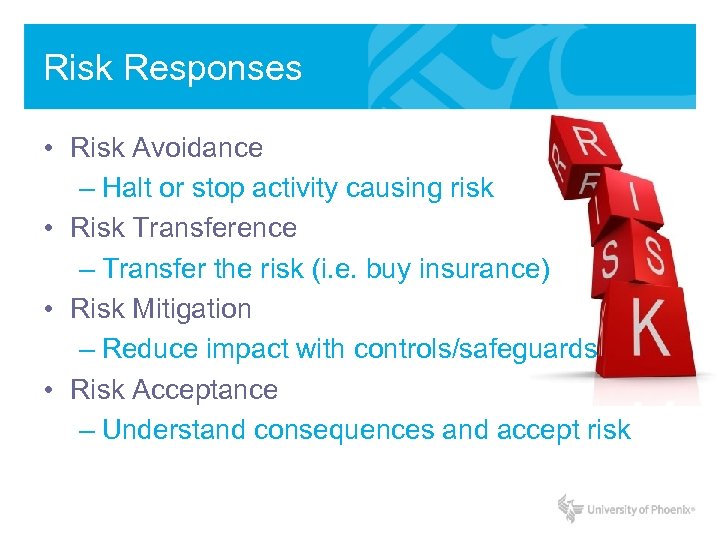 Risk Responses • Risk Avoidance – Halt or stop activity causing risk • Risk