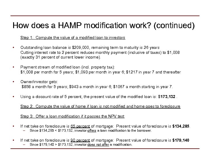 How does a HAMP modification work? (continued) Step 1: Compute the value of a