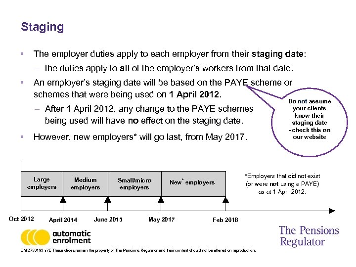 Staging • The employer duties apply to each employer from their staging date: –