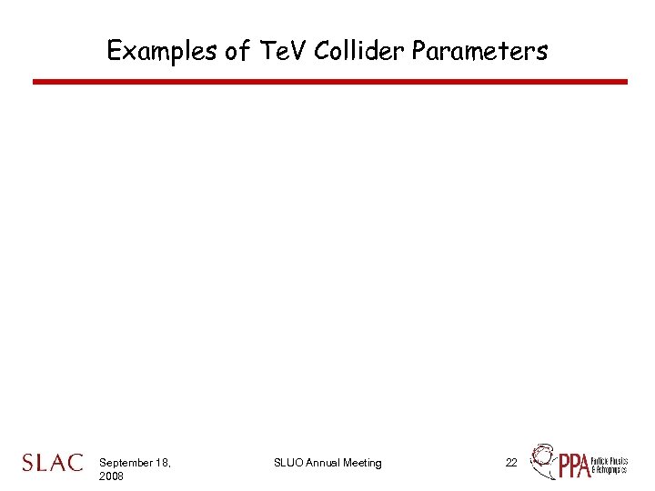 Examples of Te. V Collider Parameters September 18, 2008 SLUO Annual Meeting 22 