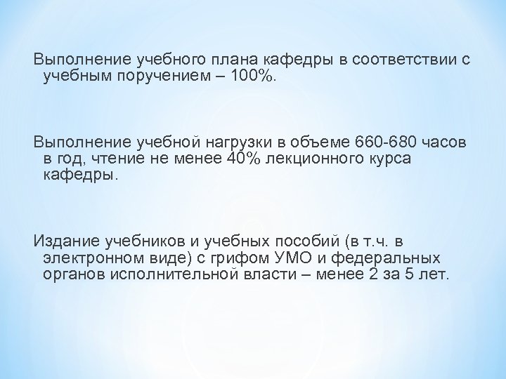 Выполнение учебного плана кафедры в соответствии с учебным поручением – 100%. Выполнение учебной нагрузки