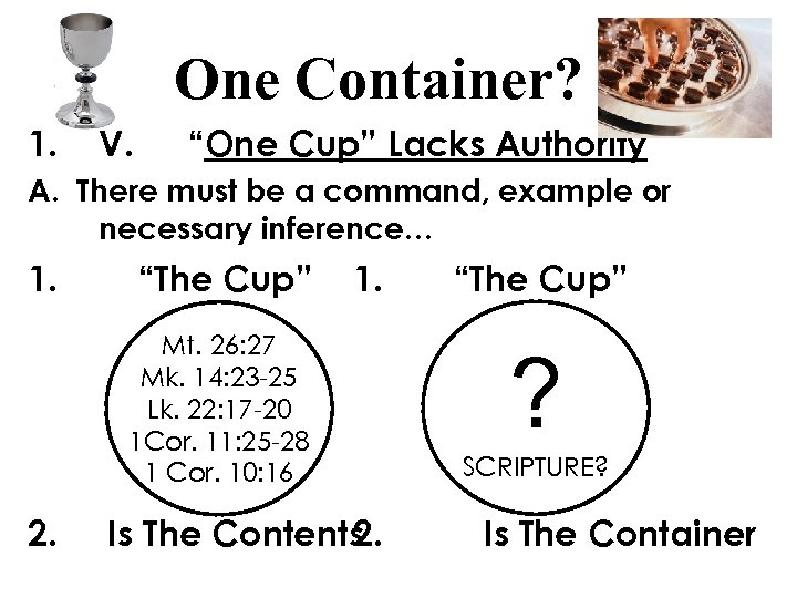 One Container? 1. V. “One Cup” Lacks Authority A. There must be a command,