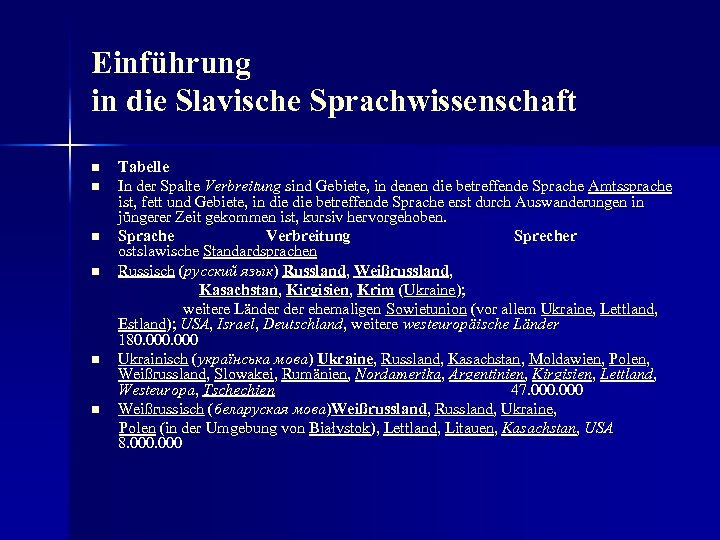 Einführung in die Slavische Sprachwissenschaft Tabelle n In der Spalte Verbreitung sind Gebiete, in