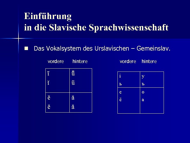 Einführung in die Slavische Sprachwissenschaft n Das Vokalsystem des Urslavischen – Gemeinslav. vordere hintere