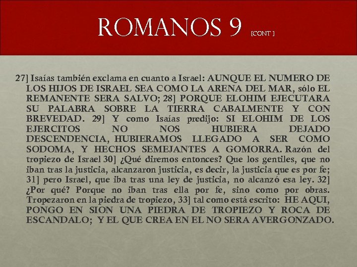 Romanos 9 [CONT ] 27] Isaías también exclama en cuanto a Israel: AUNQUE EL
