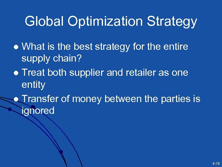 Global Optimization Strategy What is the best strategy for the entire supply chain? l