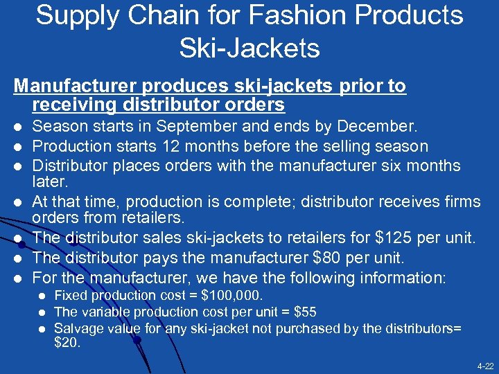 Supply Chain for Fashion Products Ski-Jackets Manufacturer produces ski-jackets prior to receiving distributor orders