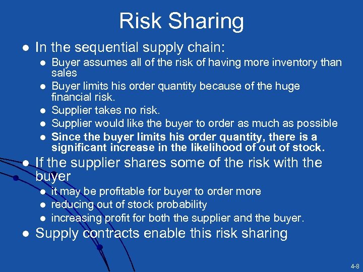 Risk Sharing l In the sequential supply chain: l l l If the supplier