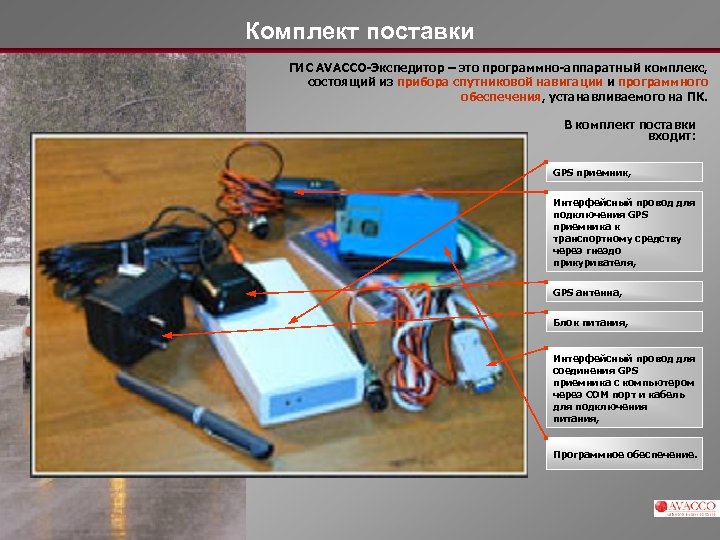 Комплект поставки ГИС AVACCO-Экспедитор – это программно-аппаратный комплекс, состоящий из прибора спутниковой навигации и