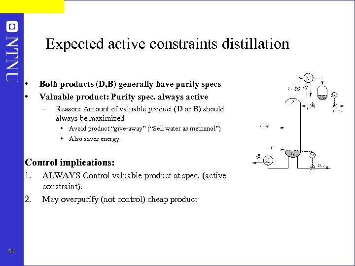 Expected active constraints distillation • • Both products (D, B) generally have purity specs