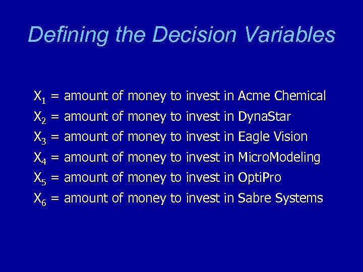Defining the Decision Variables X 1 = amount of money to invest in Acme