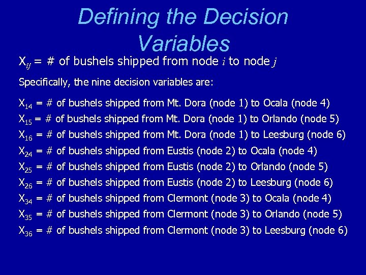 Defining the Decision Variables Xij = # of bushels shipped from node i to