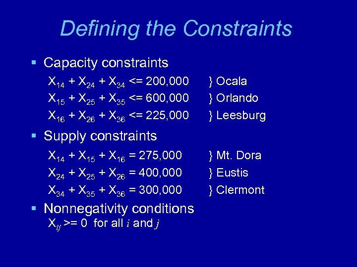 Defining the Constraints § Capacity constraints X 14 + X 24 + X 34