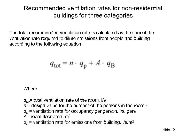 Recommended ventilation rates for non-residential buildings for three categories The total recommended ventilation rate