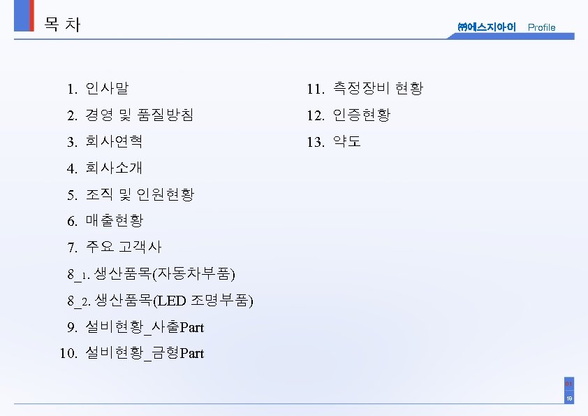 목차 ㈜에스지아이 1. 인사말 11. 측정장비 현황 2. 경영 및 품질방침 12. 인증현황 3.