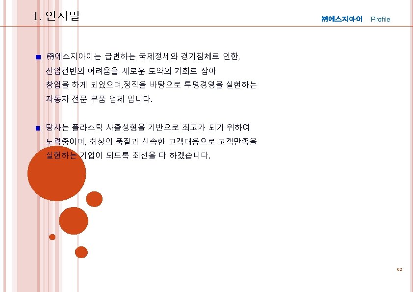 1. 인사말 ㈜에스지아이 Profile ㈜에스지아이는 급변하는 국제정세와 경기침체로 인한, 산업전반의 어려움을 새로운 도약의 기회로