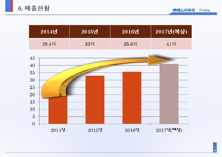 6. 매출현황 ㈜에스지아이 2014년 2015년 2016년 2017년(예상) 29. 4억 33억 35. 6억 Profile 41억