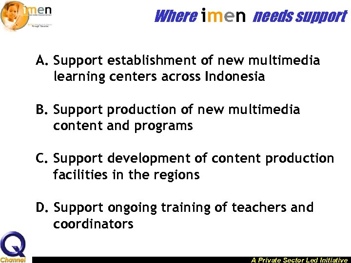 Where imen needs support A. Support establishment of new multimedia learning centers across Indonesia
