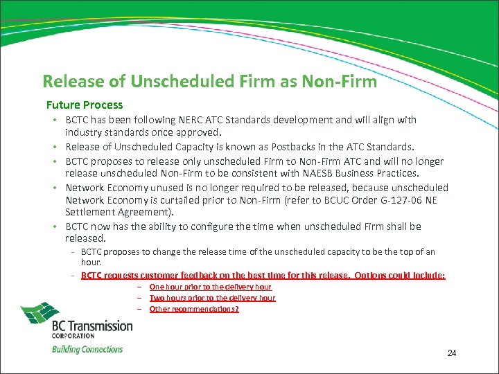 Release of Unscheduled Firm as Non-Firm Future Process • BCTC has been following NERC