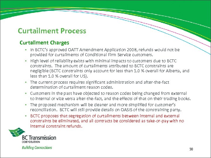 Curtailment Process Curtailment Charges • In BCTC’s approved OATT Amendment Application 2008, refunds would